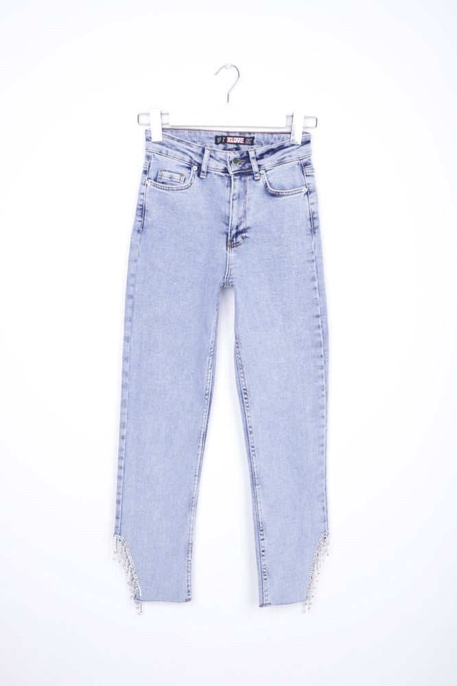 XLJ High Waisted Mom Jean with Rhinestones on Leg Hems Sides Mixed - Oyster Bay