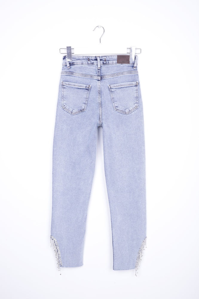 XLJ High Waisted Mom Jean with Rhinestones on Leg Hems Sides Mixed - Oyster Bay