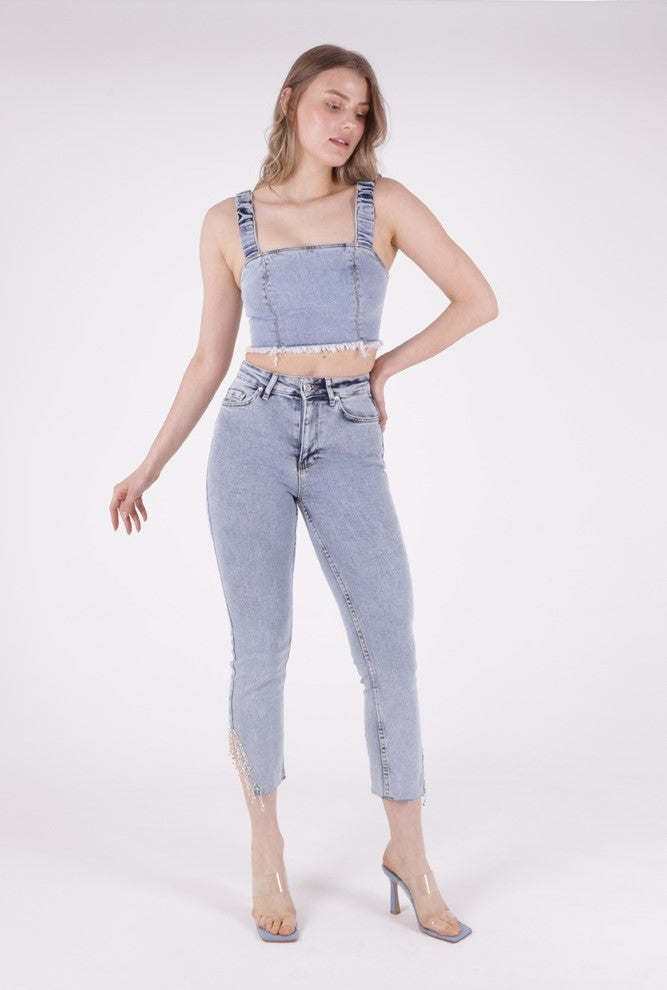 XLJ High Waisted Mom Jean with Rhinestones on Leg Hems Sides Mixed - Oyster Bay