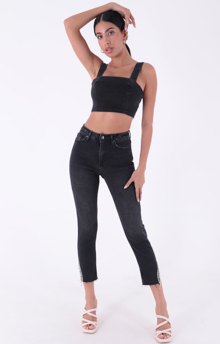XLJ High Waisted Mom Jean with Rhinestones on Leg Hems Sides Mixed - St. George