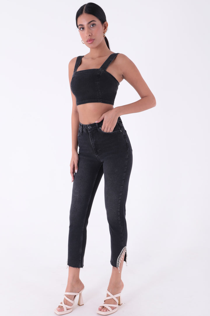 XLJ High Waisted Mom Jean with Rhinestones on Leg Hems Sides Mixed - St. George