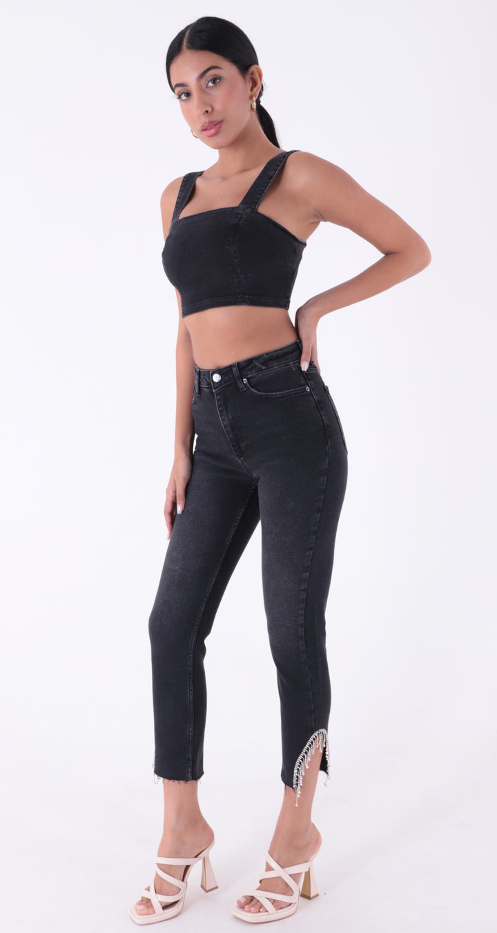 XLJ High Waisted Mom Jean with Rhinestones on Leg Hems Sides Mixed - St. George