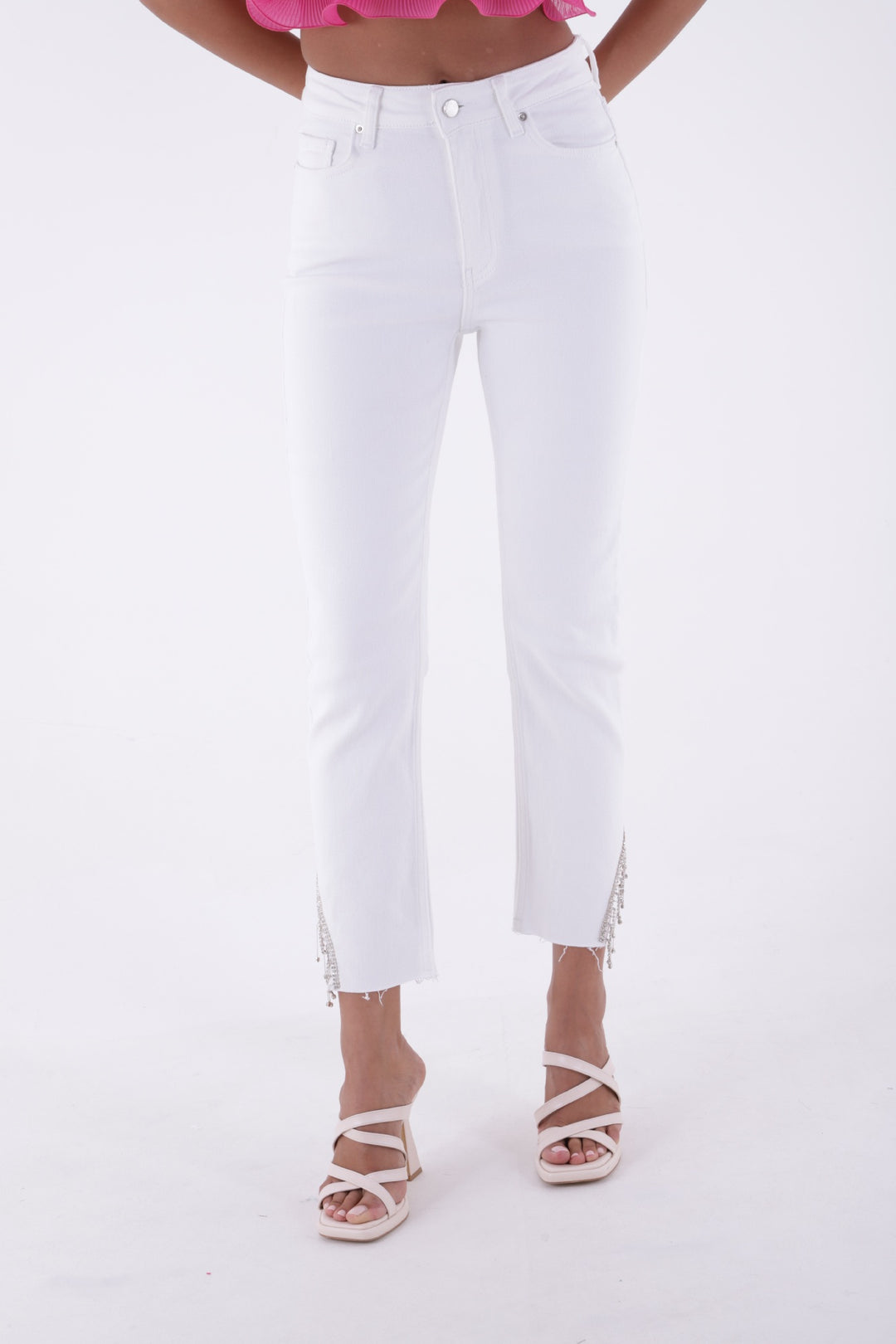 XLJ High Waisted Mom Jean with Rhinestones on Leg Hems Sides Mixed - Randolph