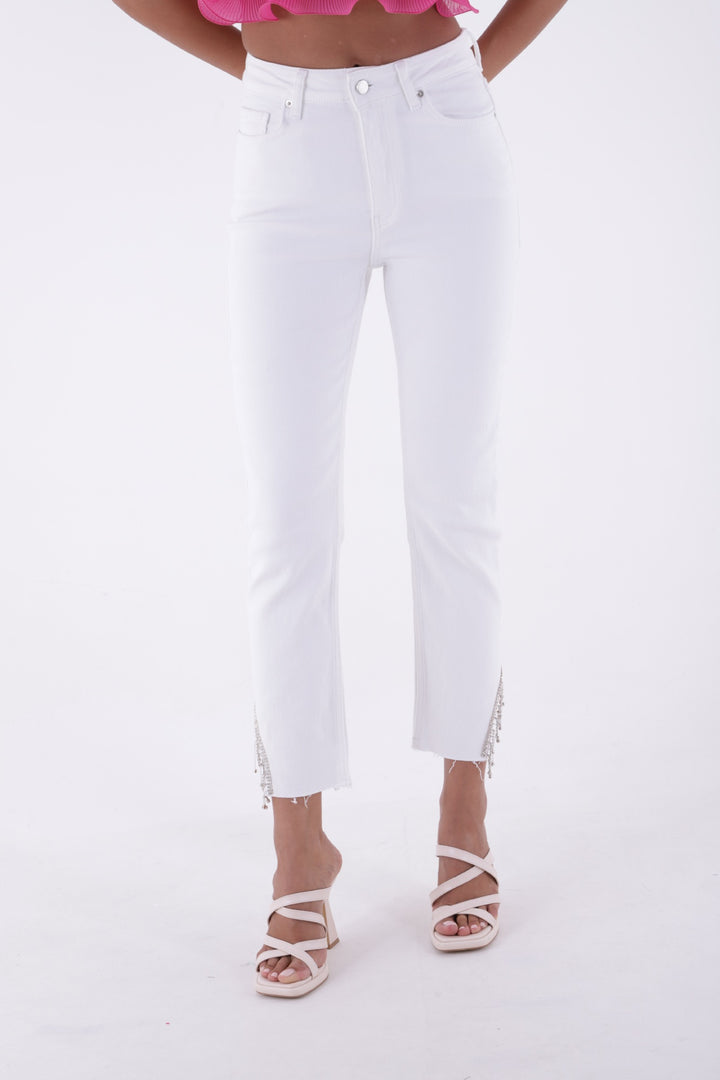 XLJ High Waisted Mom Jean with Rhinestones on Leg Hems Sides Mixed - Randolph