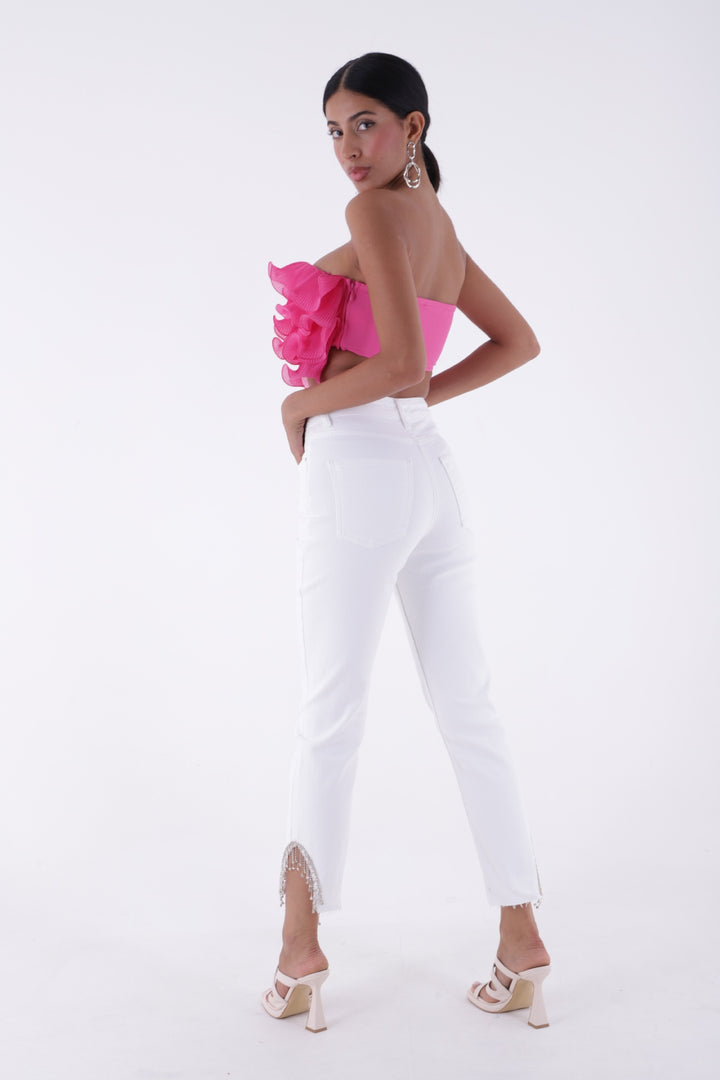 XLJ High Waisted Mom Jean with Rhinestones on Leg Hems Sides Mixed - Randolph