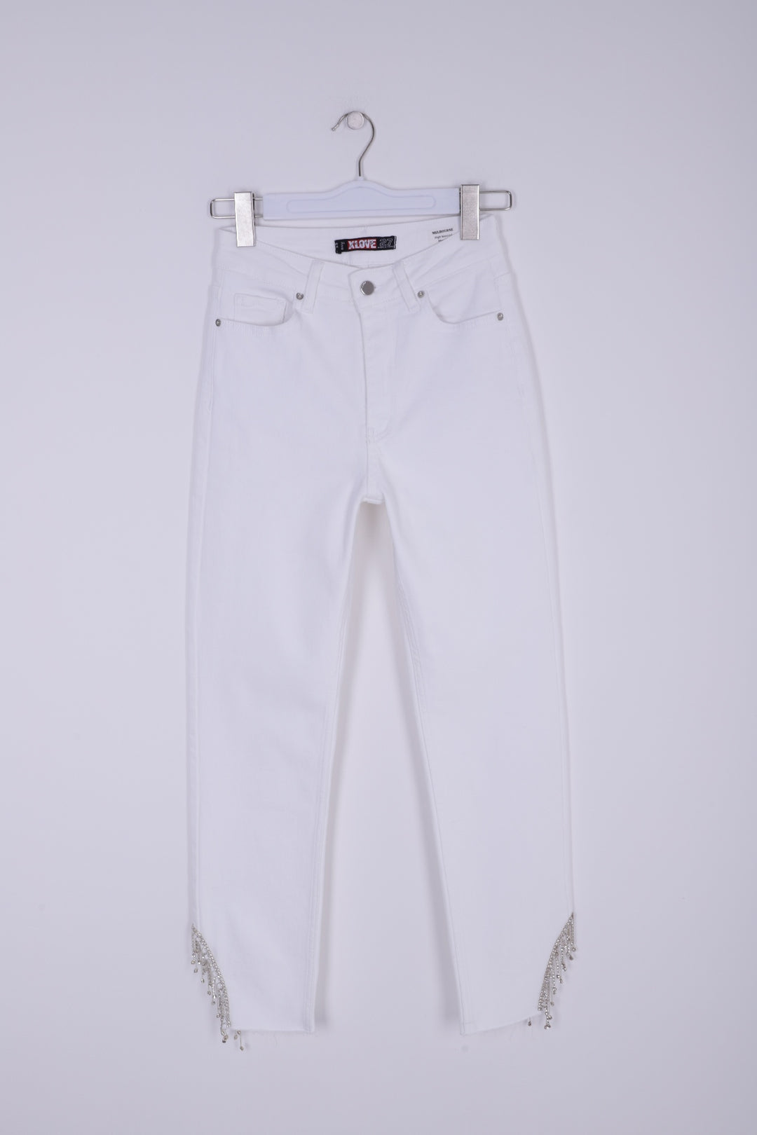 XLJ High Waisted Mom Jean with Rhinestones on Leg Hems Sides Mixed - Randolph