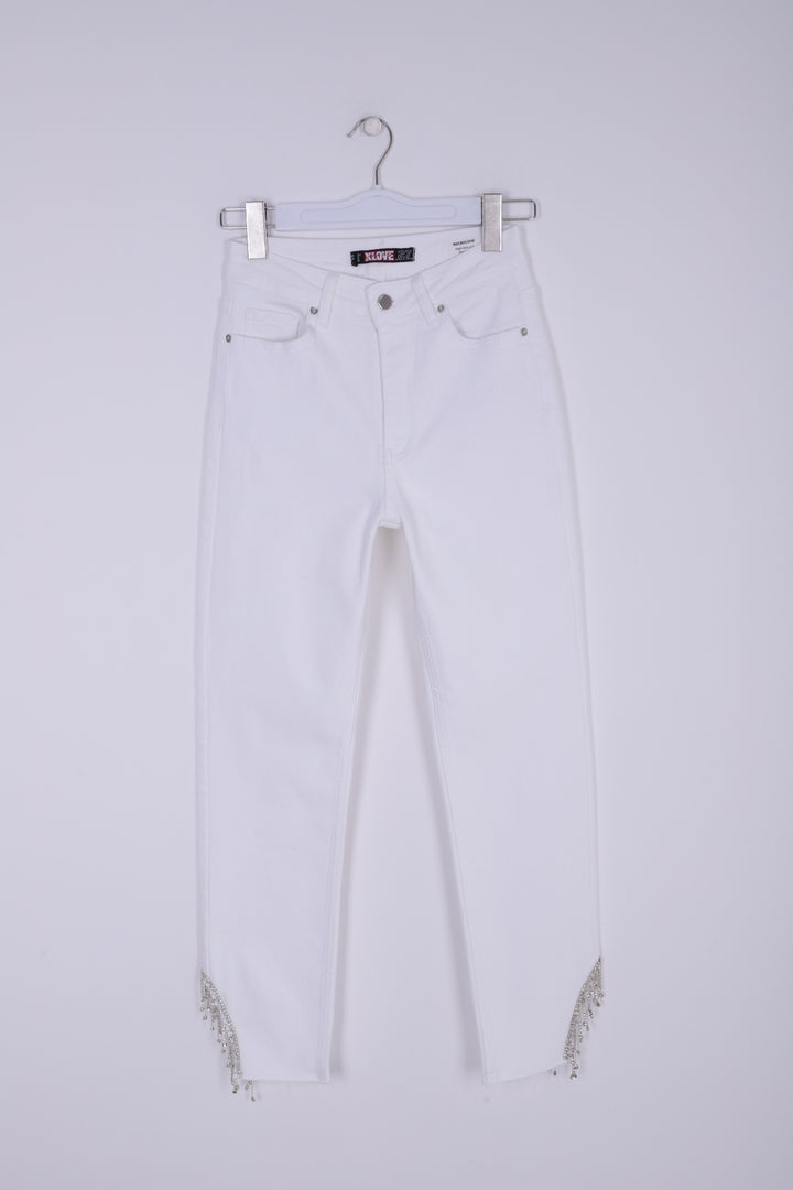 XLJ High Waisted Mom Jean with Rhinestones on Leg Hems Sides Mixed - Randolph