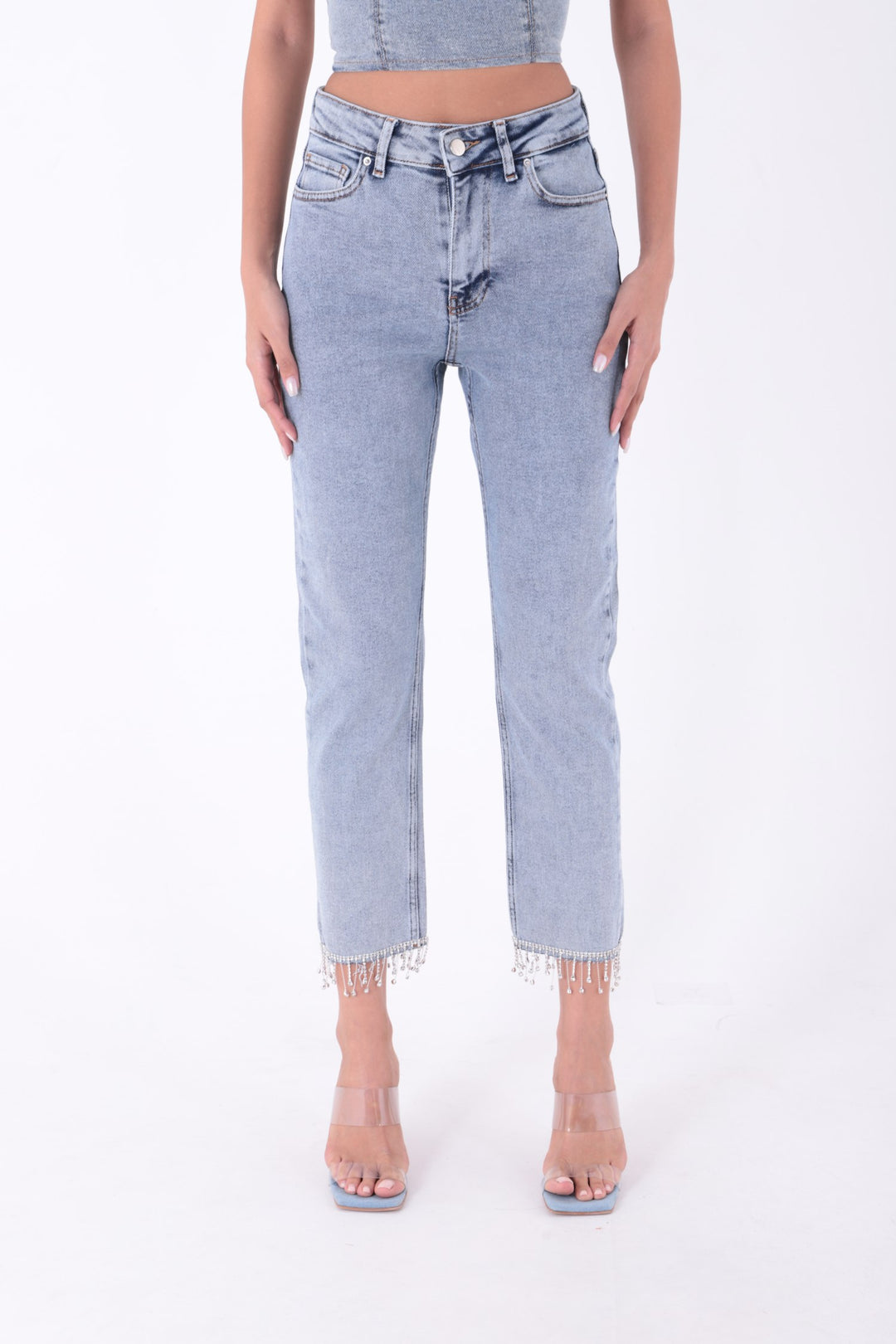 XLJ Fringe Ending High Rise Mom Fit Jean with Rhinestones on Legs Mixed - Pahrump