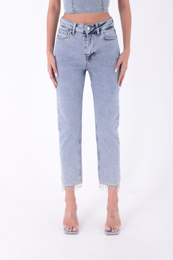 XLJ Fringe Ending High Rise Mom Fit Jean with Rhinestones on Legs Mixed - Pahrump