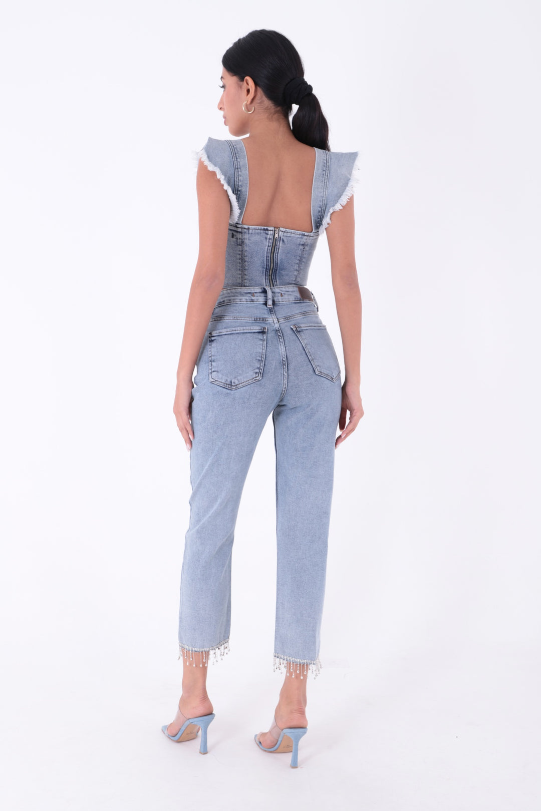XLJ Fringe Ending High Rise Mom Fit Jean with Rhinestones on Legs Mixed - Pahrump