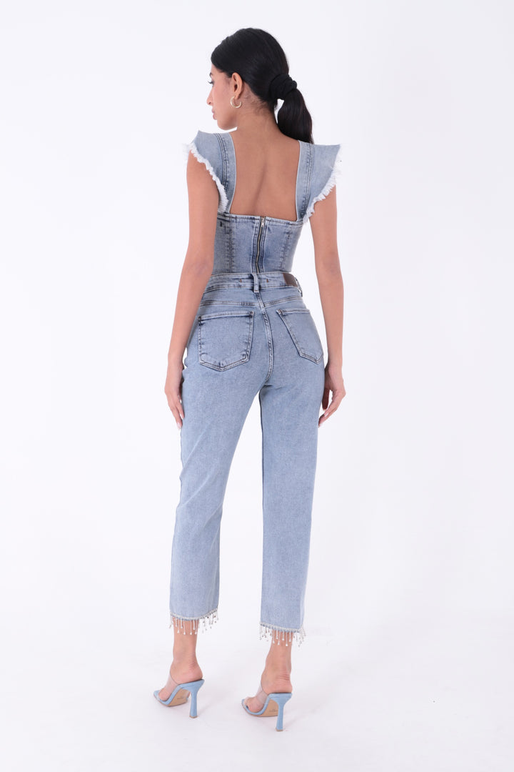 XLJ Fringe Ending High Rise Mom Fit Jean with Rhinestones on Legs Mixed - Pahrump