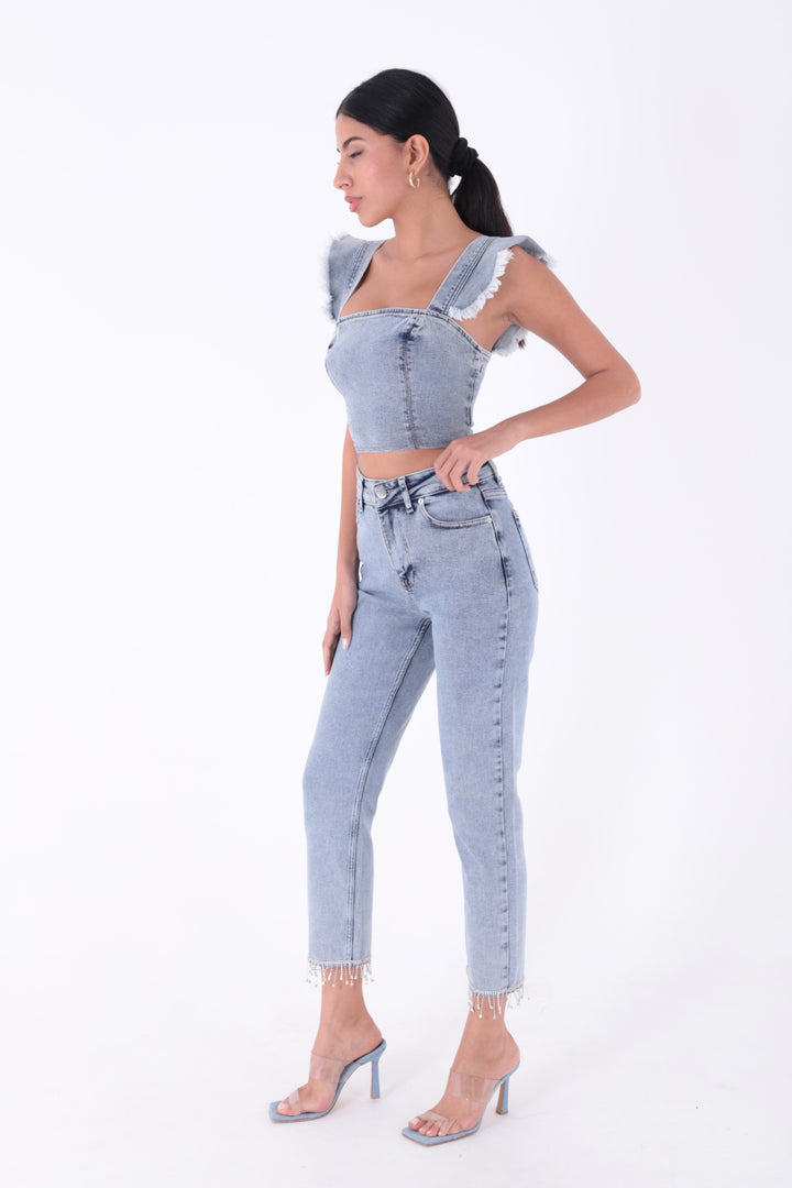 XLJ Fringe Ending High Rise Mom Fit Jean with Rhinestones on Legs Mixed - Pahrump