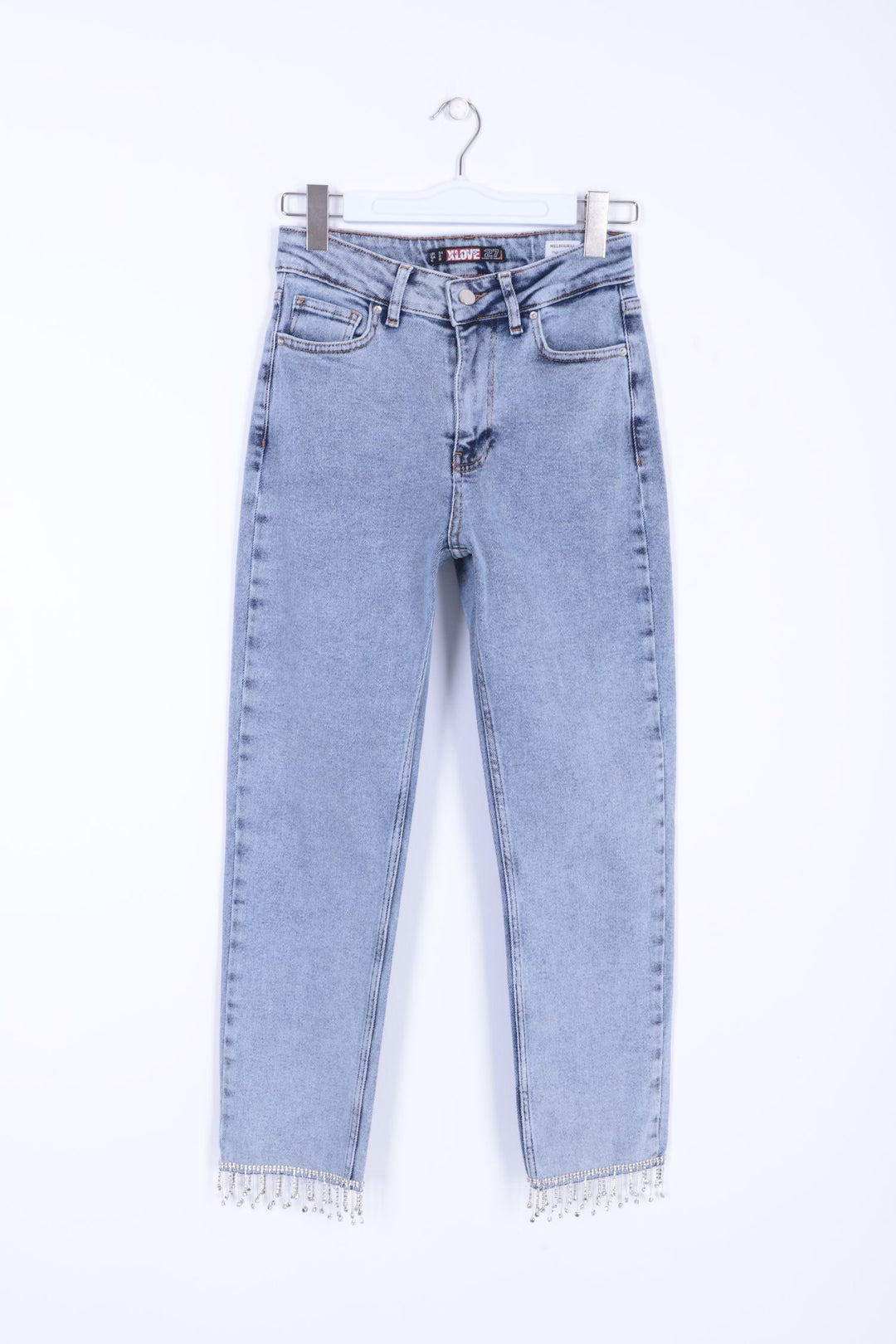 XLJ Fringe Ending High Rise Mom Fit Jean with Rhinestones on Legs Mixed - Pahrump