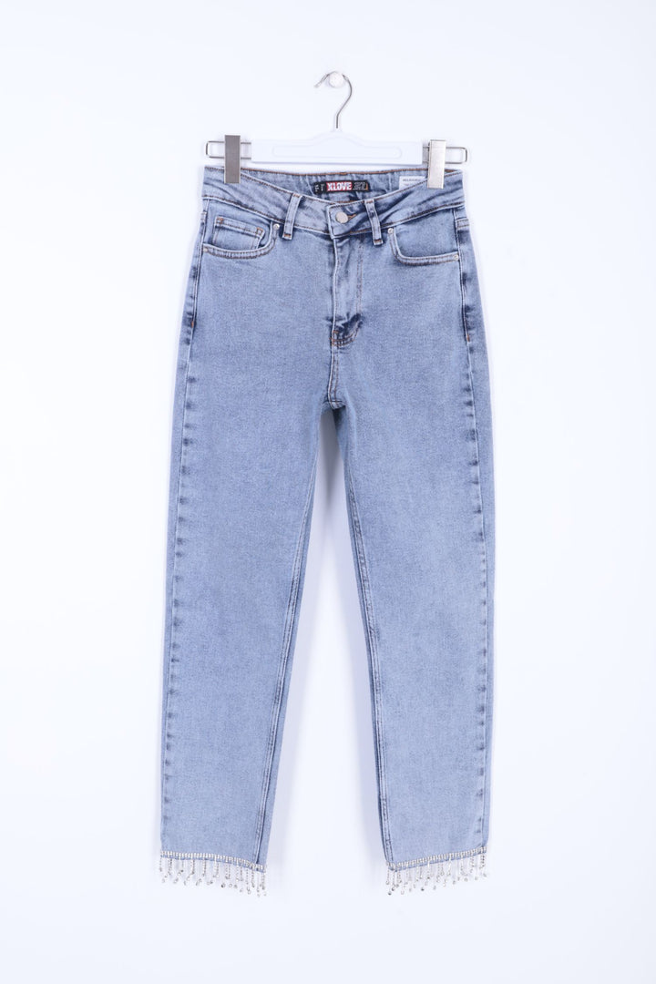 XLJ Fringe Ending High Rise Mom Fit Jean with Rhinestones on Legs Mixed - Pahrump