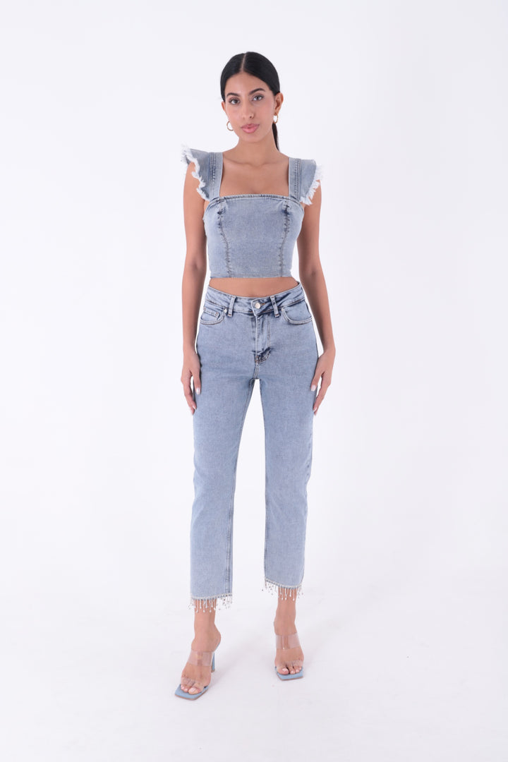XLJ Fringe Ending High Rise Mom Fit Jean with Rhinestones on Legs Mixed - Pahrump