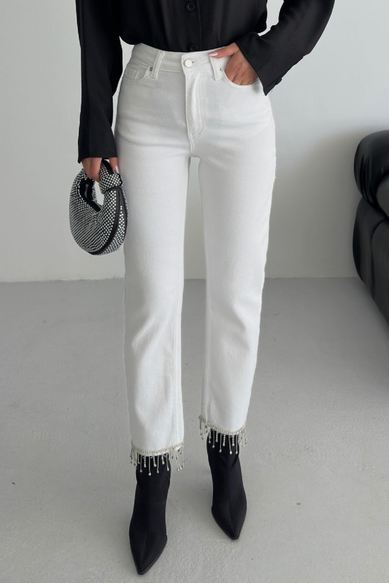 XLJ Fringe Ending High Rise Mom Fit Jean with Rhinestones on Legs Mixed - Toronto