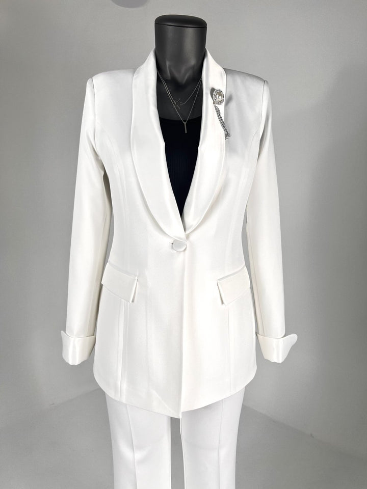 NDL Women Satin Collar Brooch Women's Suit White - Motril