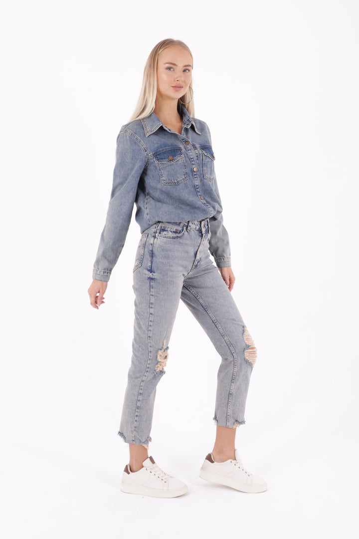 XLJ Mom Fit Jean مع دموع على الساقين مختلط - ويست كوفينا