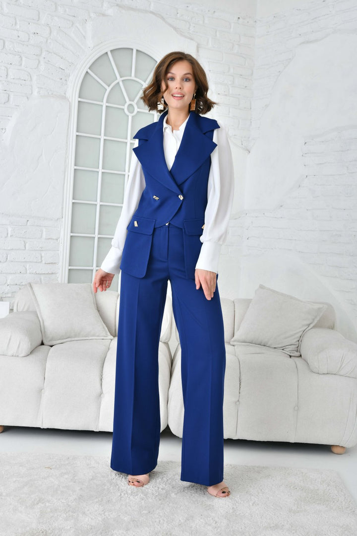 NDL Women Navy Blue Women's Suit with Gold Buttoned Vest - Jackson