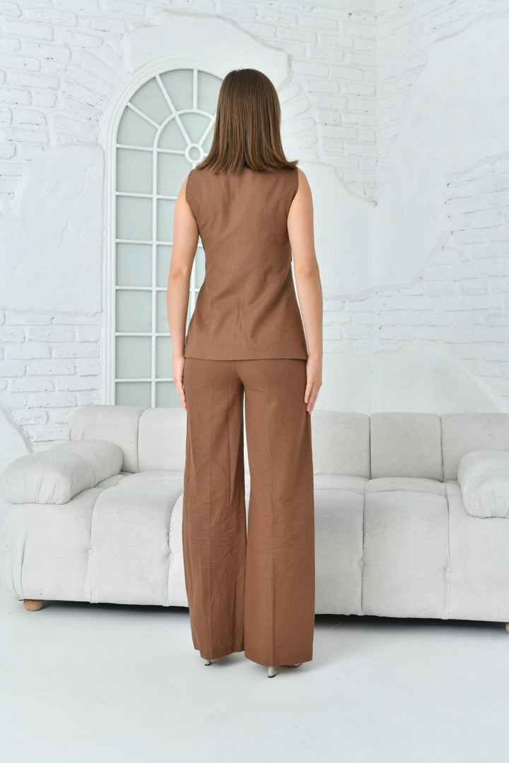 NDL Women Brown Linen Women's Suit with Vest - Stanton