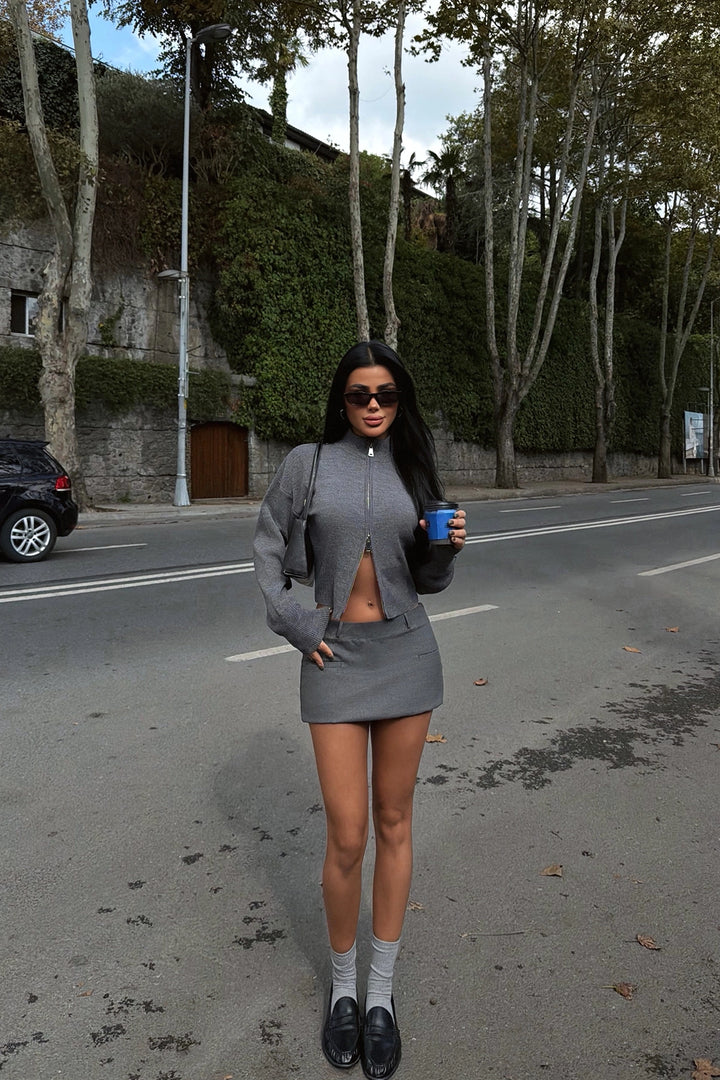 EYY Women Gray Balboa Double Zipper Knit Cardigan - Chino