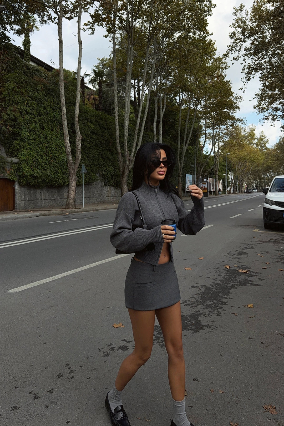 EYY Women Gray Balboa Double Zipper Knit Cardigan - Chino