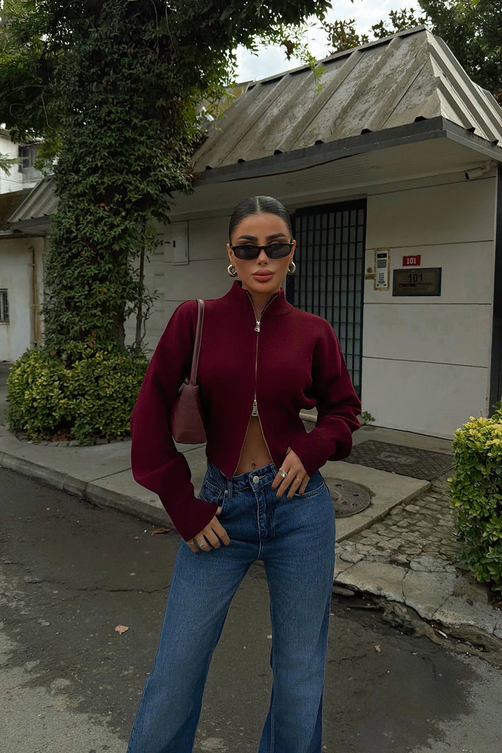 EYY Women Maroon Balboa Double Zipper Knit Cardigan - Menomonee Falls