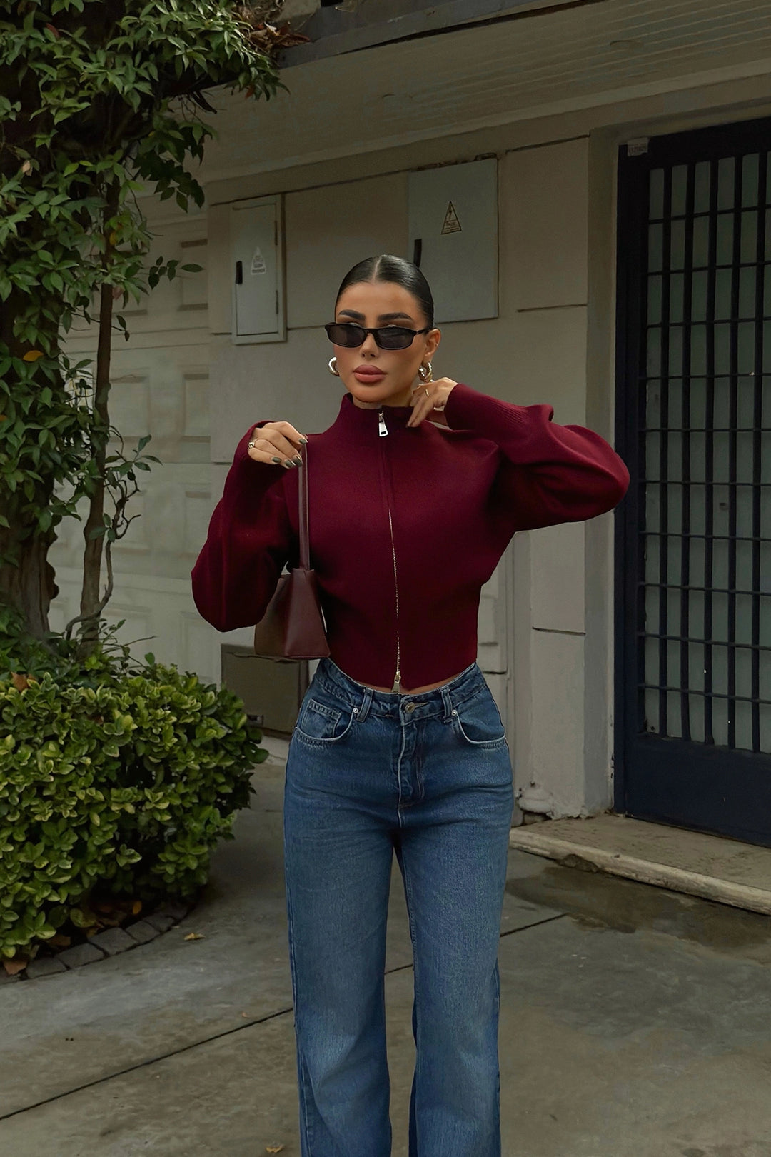 EYY Women Maroon Balboa Double Zipper Knit Cardigan - Menomonee Falls