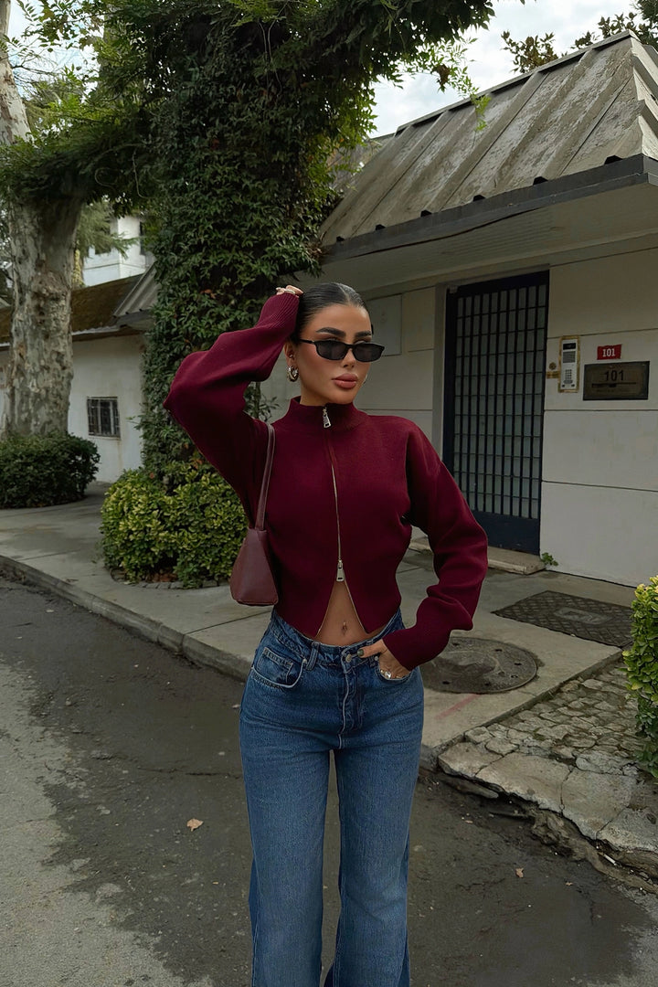 EYY Women Maroon Balboa Double Zipper Knit Cardigan - Menomonee Falls