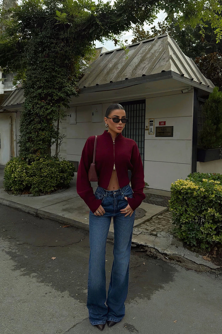 EYY Women Maroon Balboa Double Zipper Knit Cardigan - Menomonee Falls