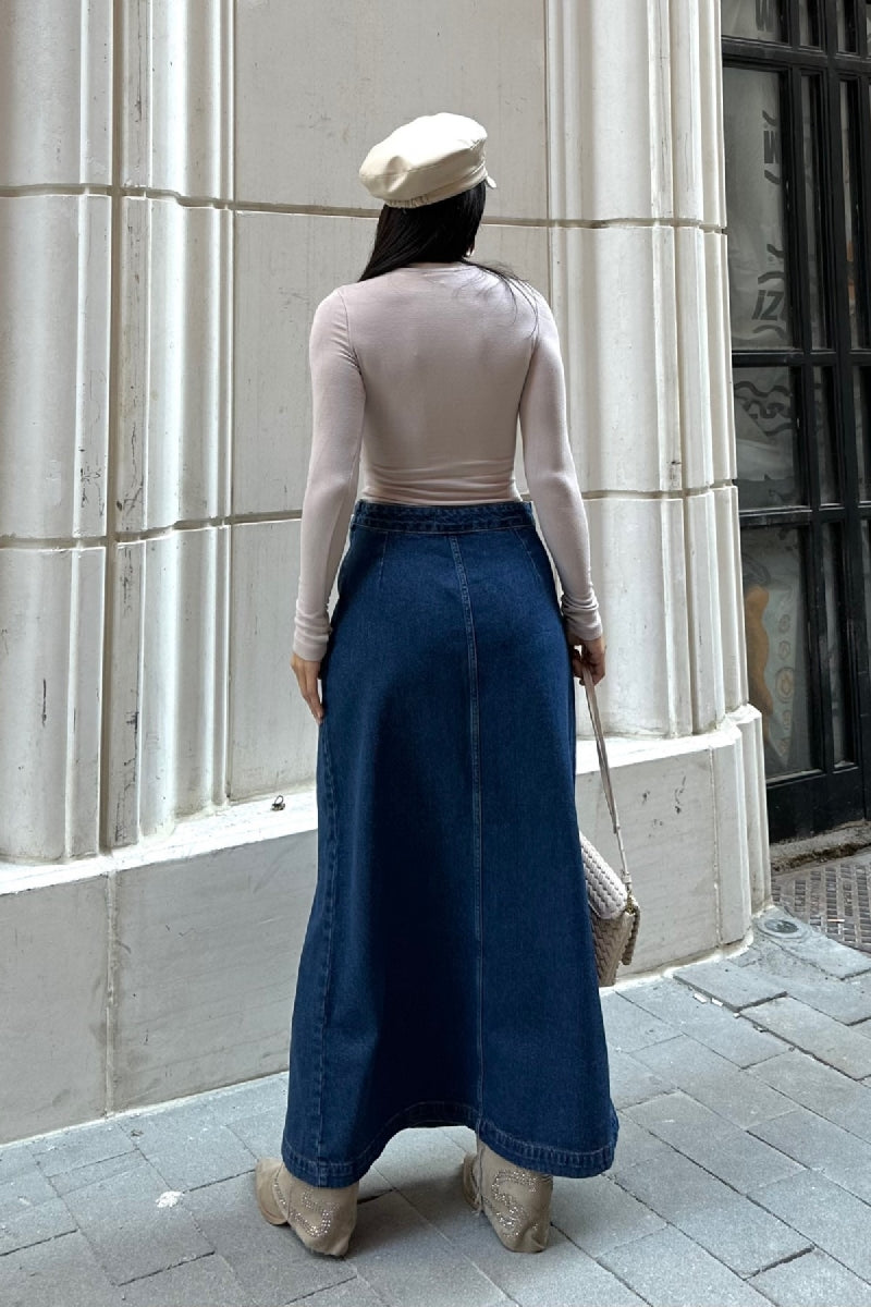 XLJ Long Denim Skirt with Flap - Crystal Lake