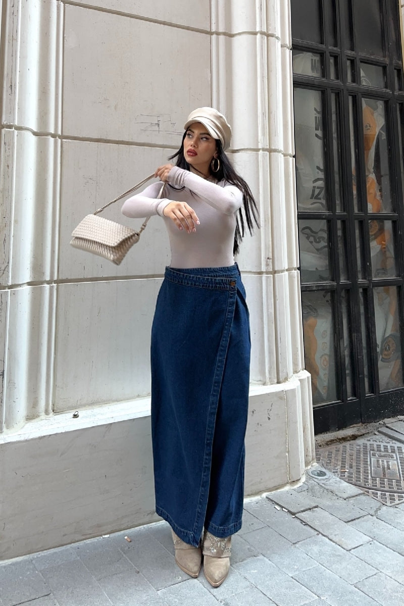 XLJ Long Denim Skirt with Flap - Crystal Lake