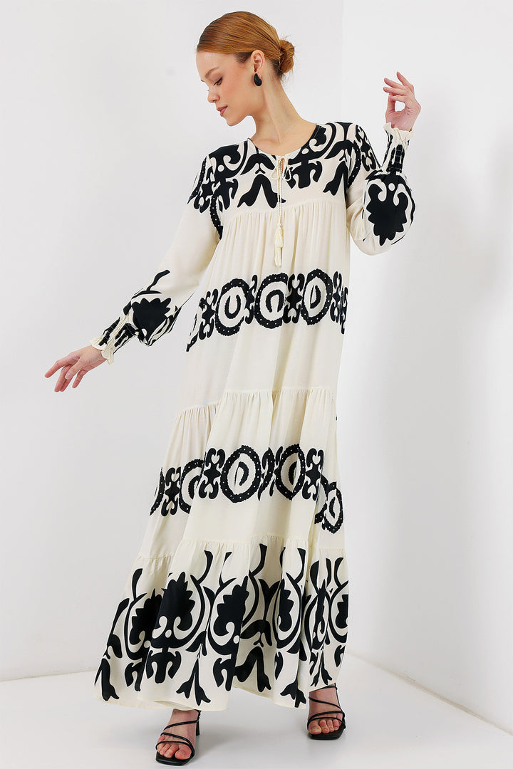 BGD Women Patterned Long Dress - Off-White - Barri