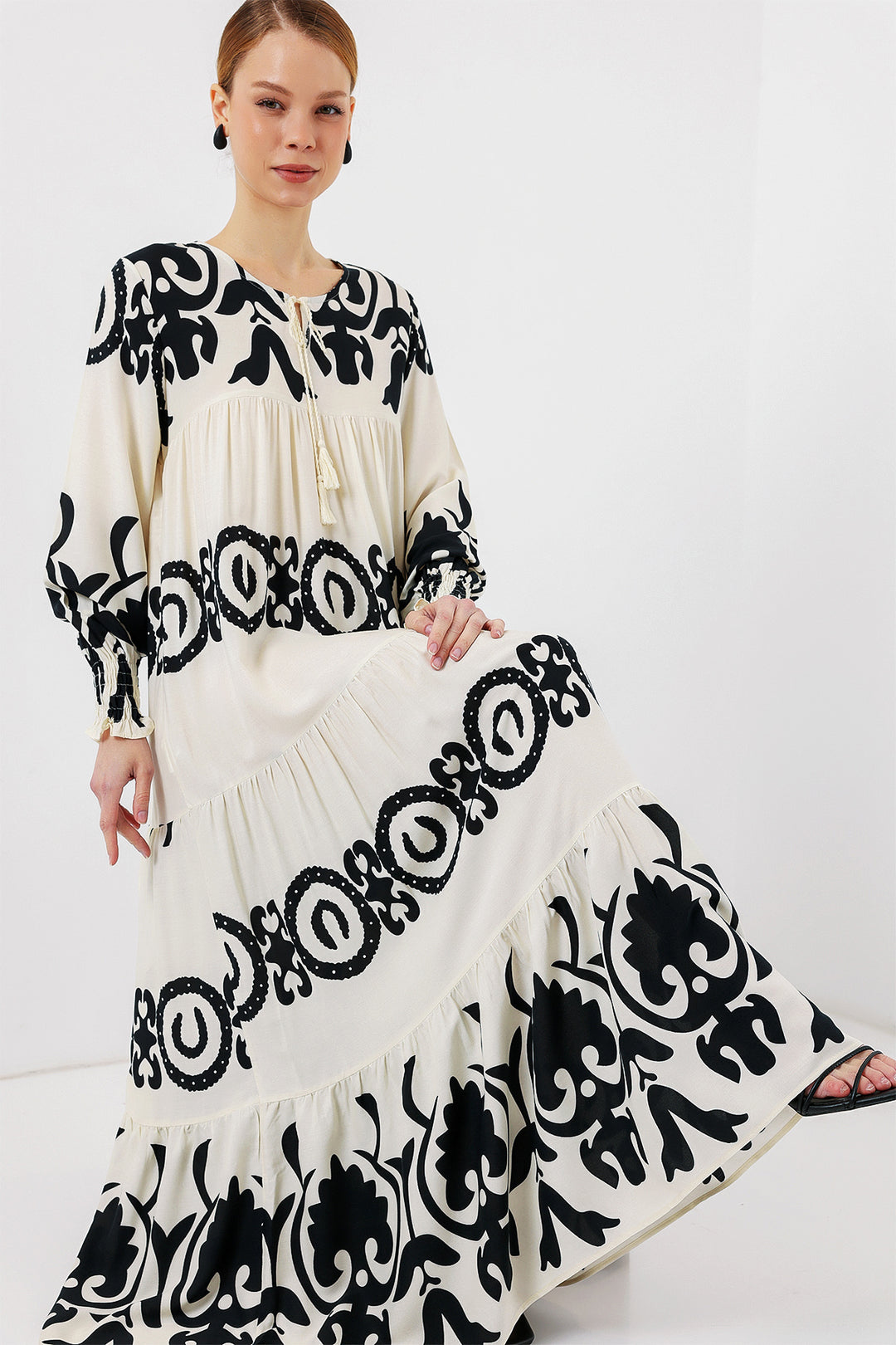 BGD Women Patterned Long Dress - Off-White - Barri