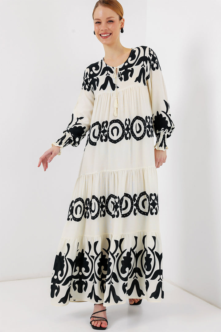 BGD Women Patterned Long Dress - Off-White - Barri