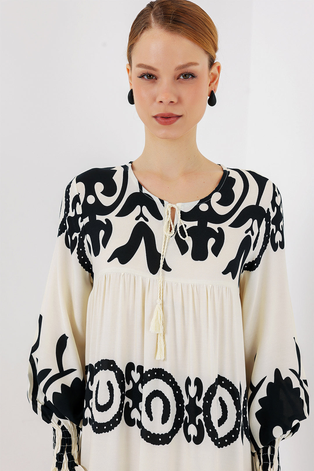 BGD Women Patterned Long Dress - Off-White - Barri