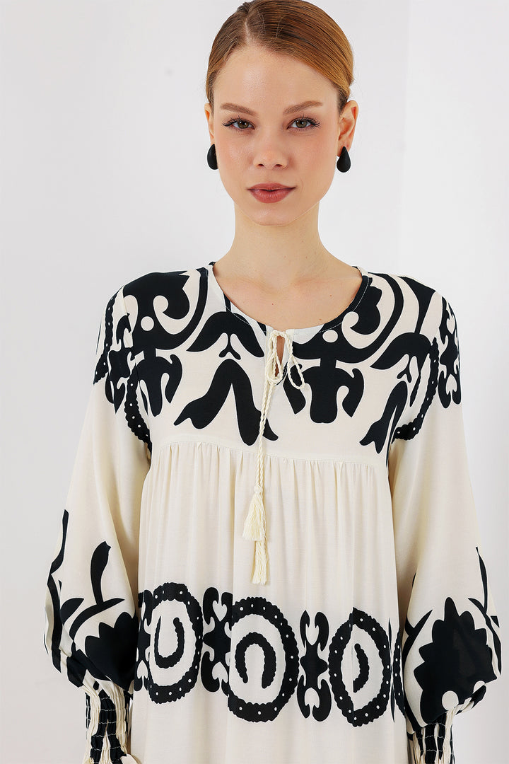 BGD Women Patterned Long Dress - Off-White - Barri