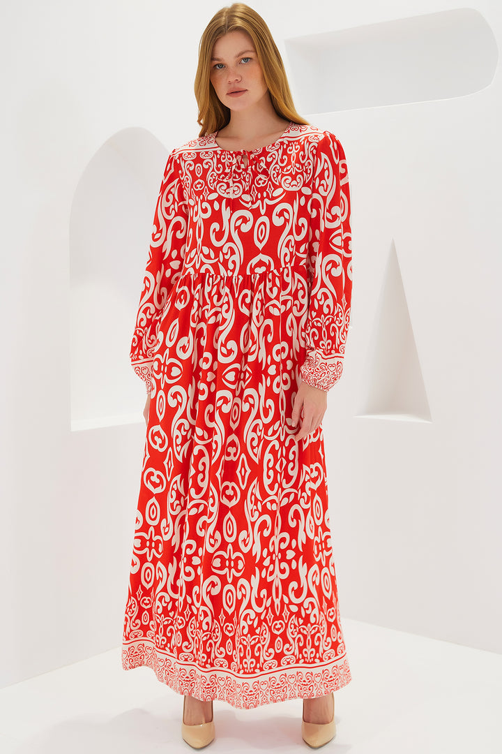 BGD Women Woman Red Patterned Long Viscose Dress 1947 - Avondale