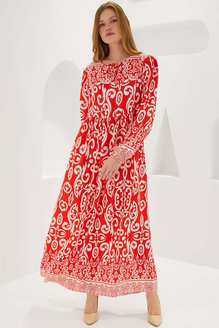 BGD Women Woman Red Patterned Long Viscose Dress 1947 - Avondale