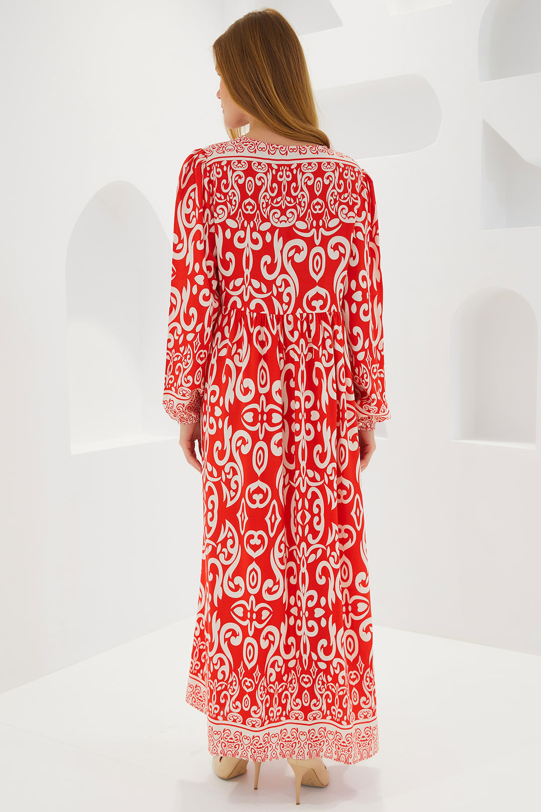 BGD Women Woman Red Patterned Long Viscose Dress 1947 - Avondale