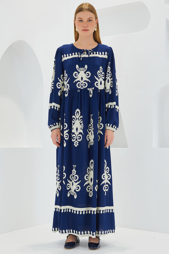 BGD Women Woman Navy Blue White Patterned Long Viscose Dress 1947 - Avondale