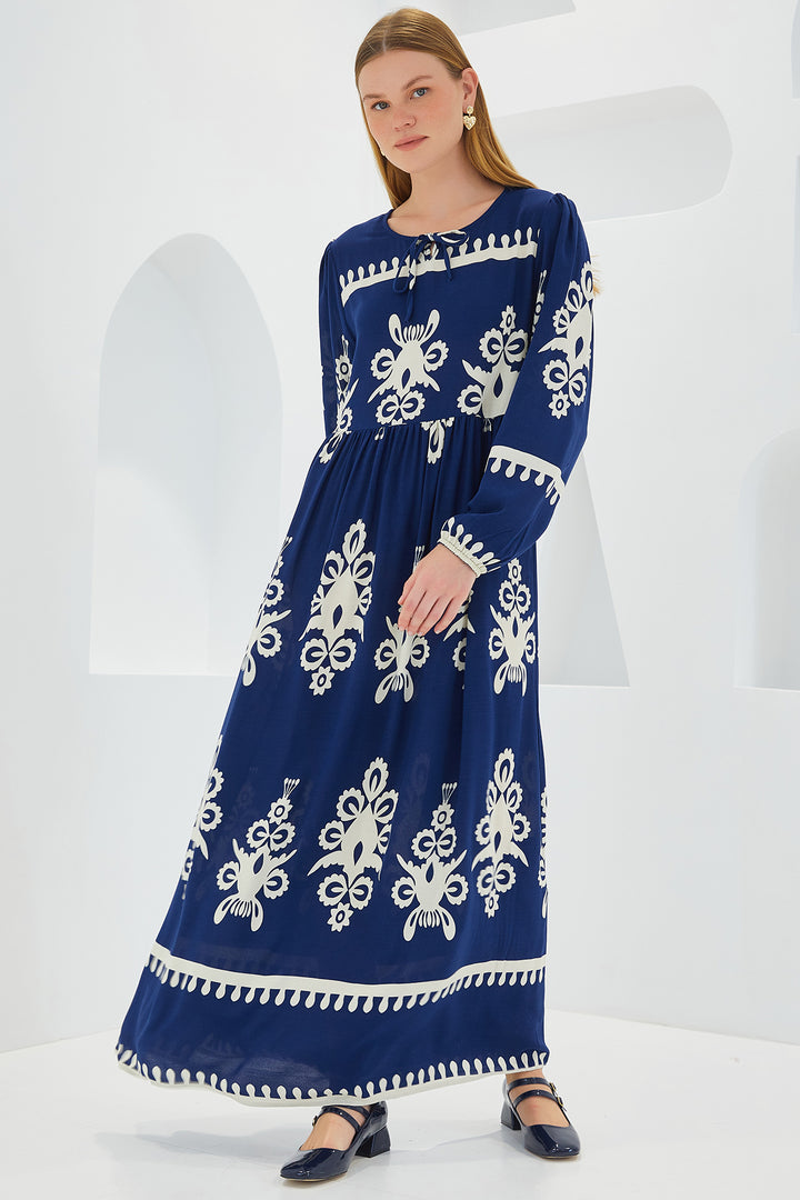 BGD Women Woman Navy Blue White Patterned Long Viscose Dress 1947 - Avondale