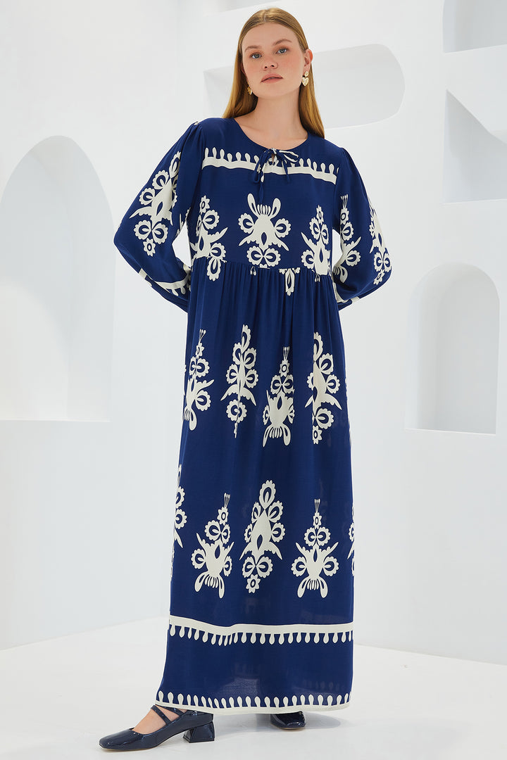 BGD Women Woman Navy Blue White Patterned Long Viscose Dress 1947 - Avondale