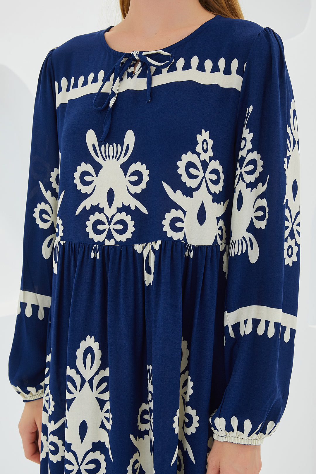 BGD Women Woman Navy Blue White Patterned Long Viscose Dress 1947 - Avondale