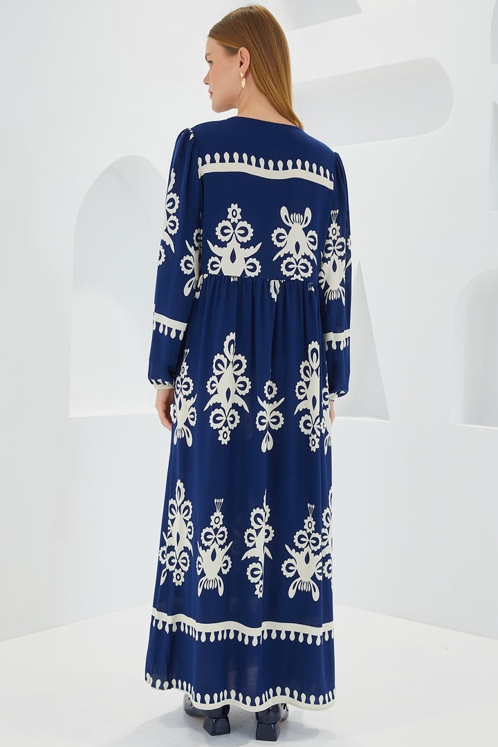 BGD Women Woman Navy Blue White Patterned Long Viscose Dress 1947 - Avondale
