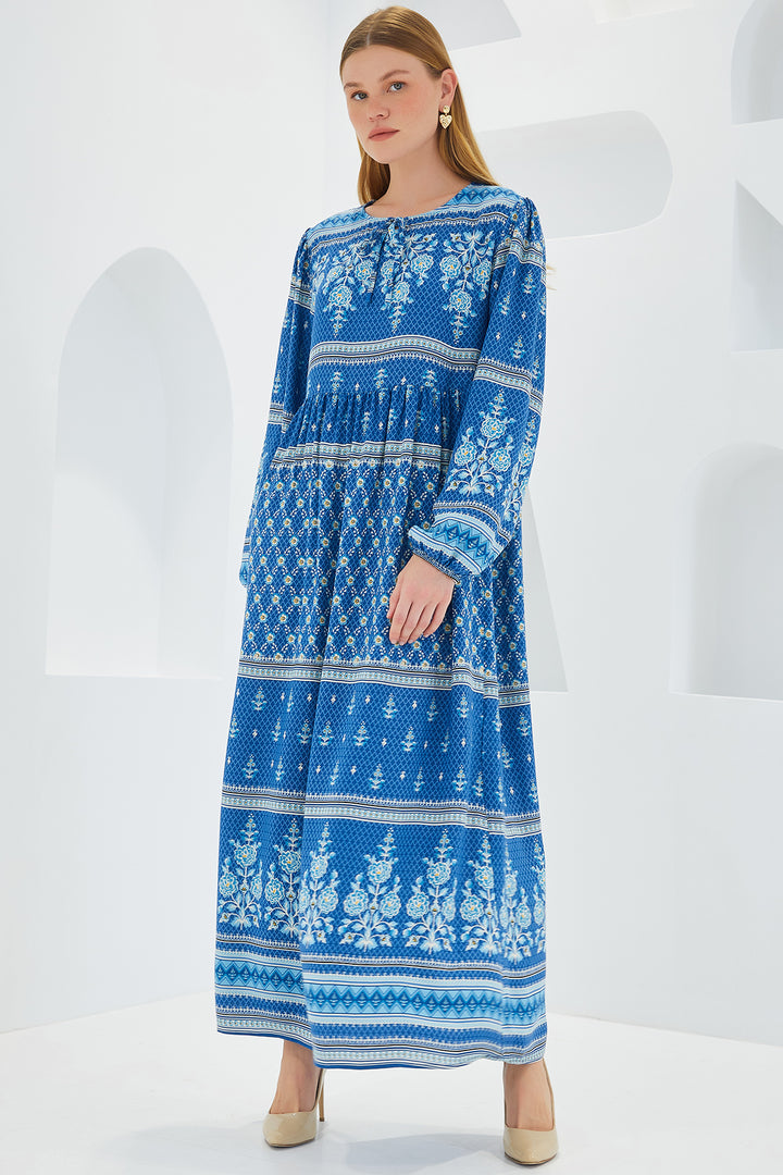 BGD Women Woman Blue Ecru Patterned Long Viscose Dress 1947 - Avondale