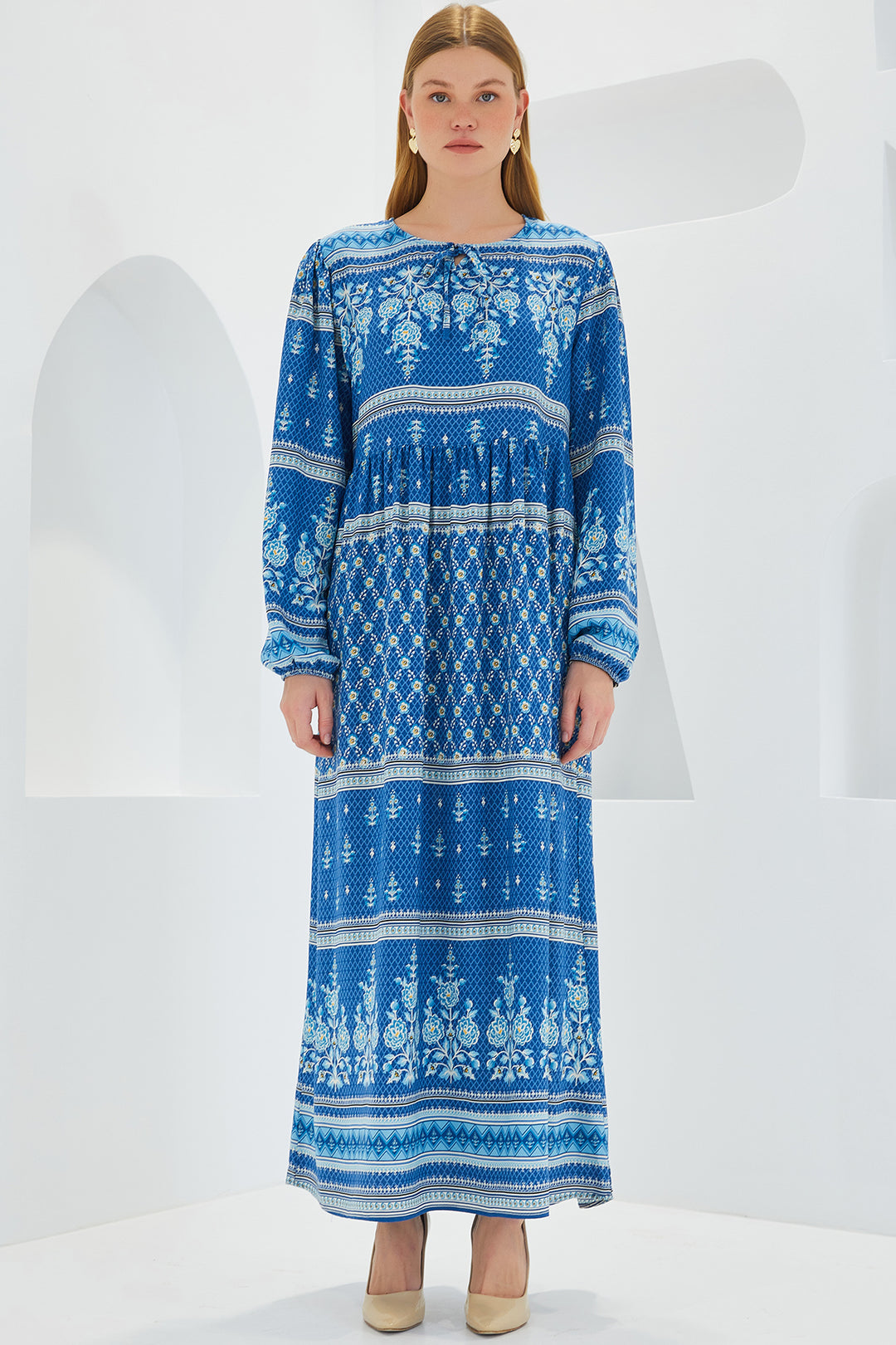BGD Women Woman Blue Ecru Patterned Long Viscose Dress 1947 - Avondale