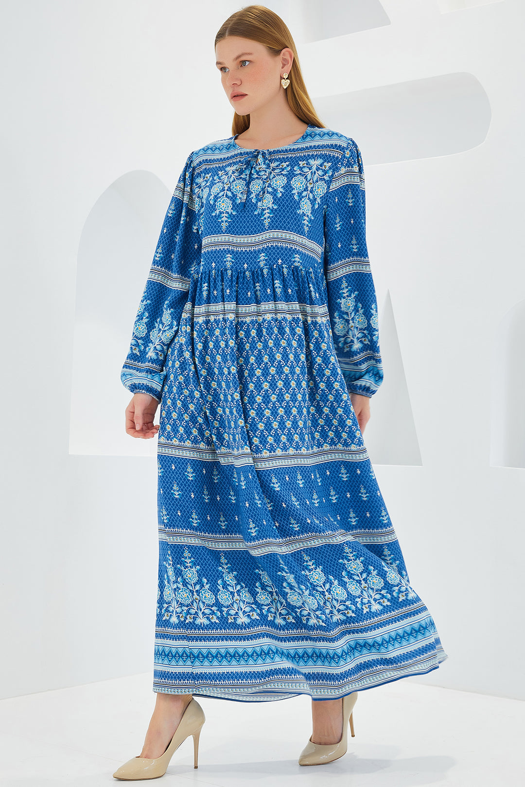 BGD Women Woman Blue Ecru Patterned Long Viscose Dress 1947 - Avondale