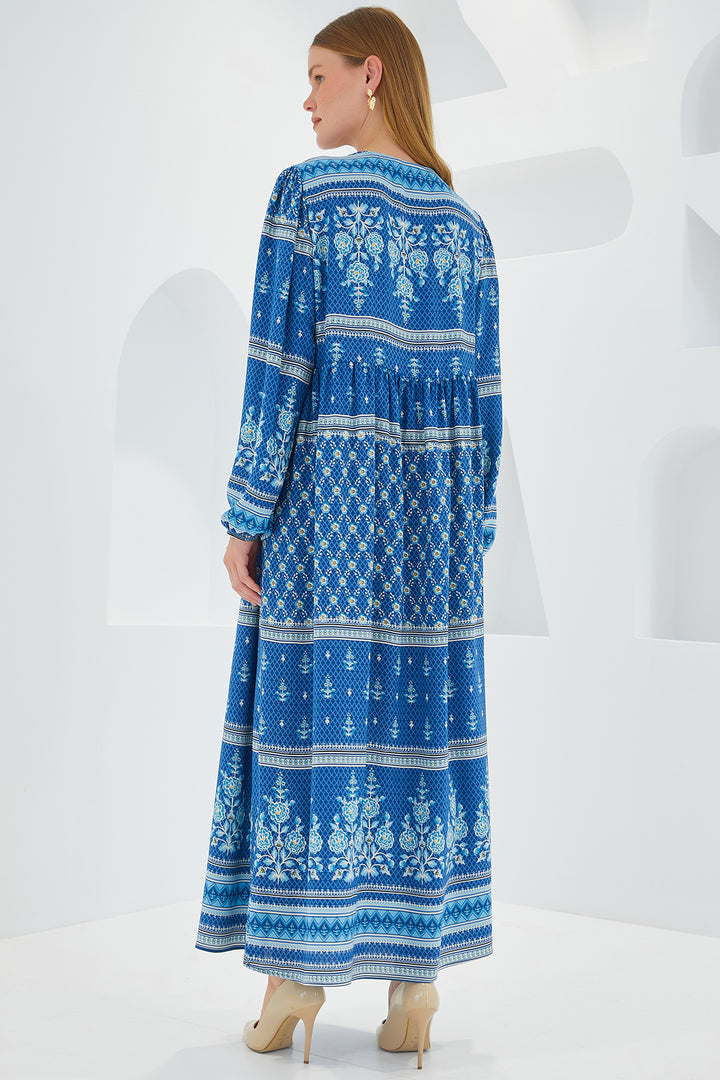 BGD Women Woman Blue Ecru Patterned Long Viscose Dress 1947 - Avondale