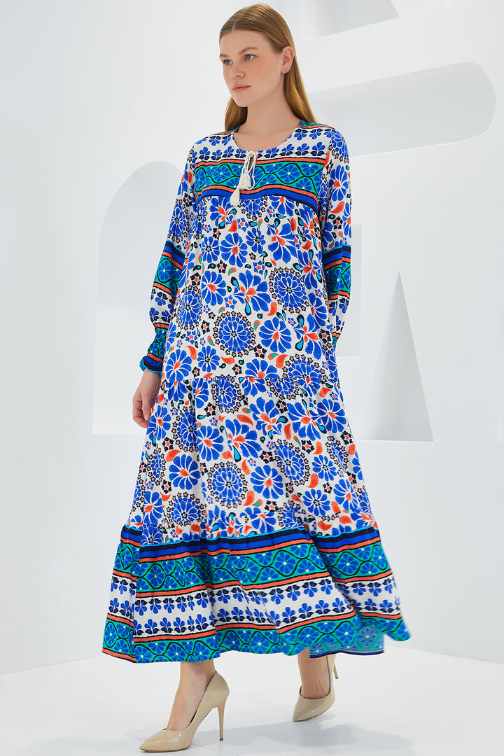 BGD Women Woman Saks Blue Patterned Long Viscose Dress 1947 - Avondale